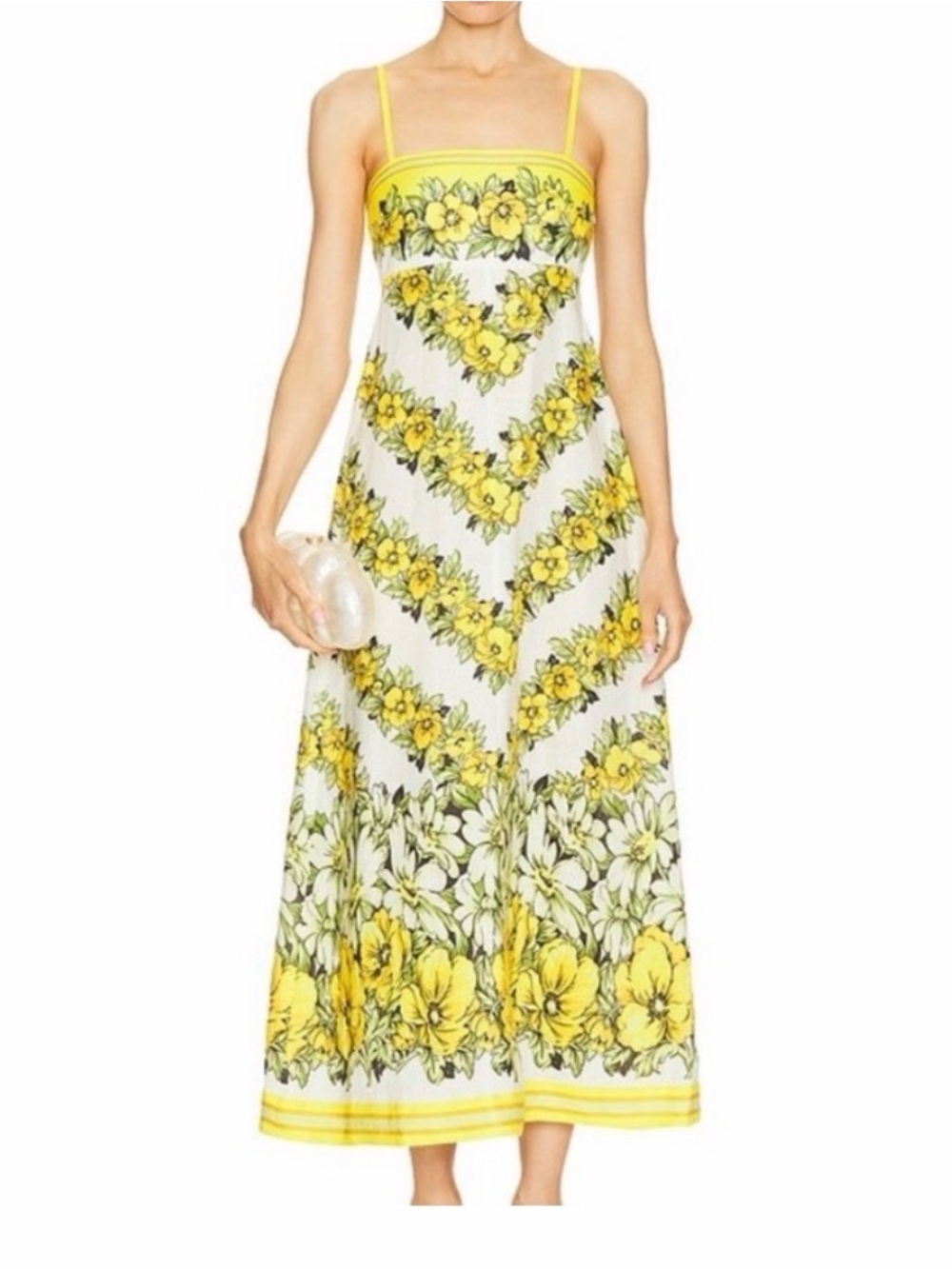 Alemais Yellow and White Floral Midi Dress with Spaghetti Straps